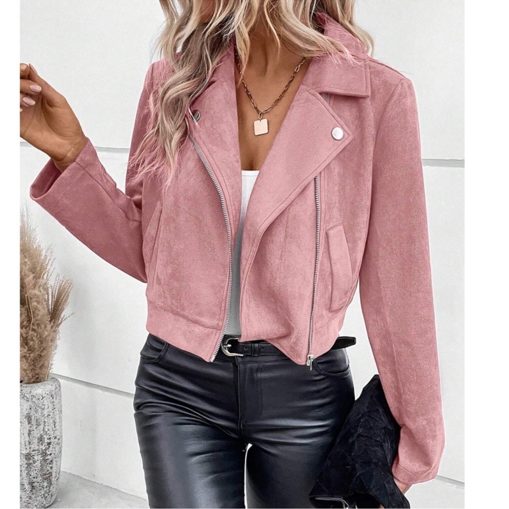 Luxe Pink Vegan Suede Moto Biker Jacket XS S M L XL